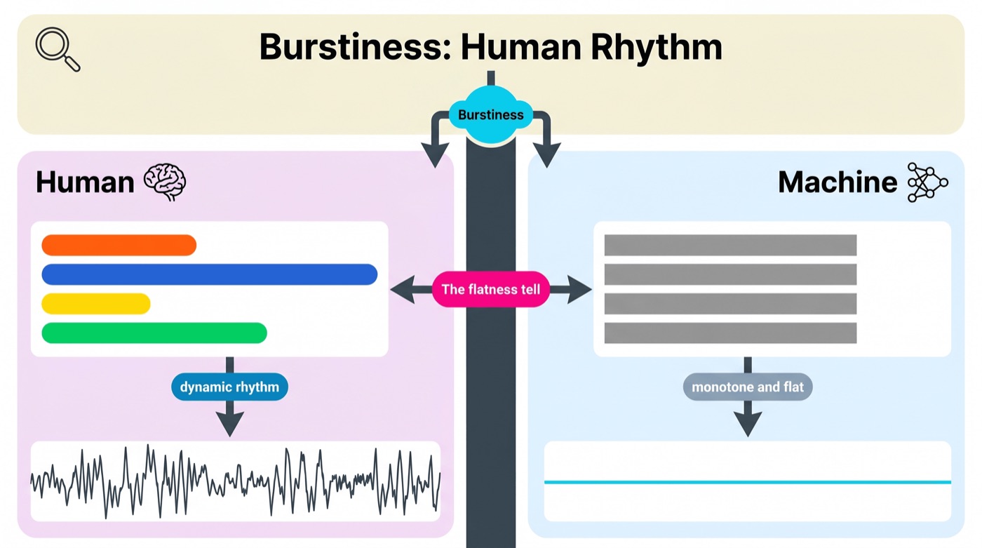 Burstiness as a concept: human prose varies in sentence length and complexity, machine prose stays flat